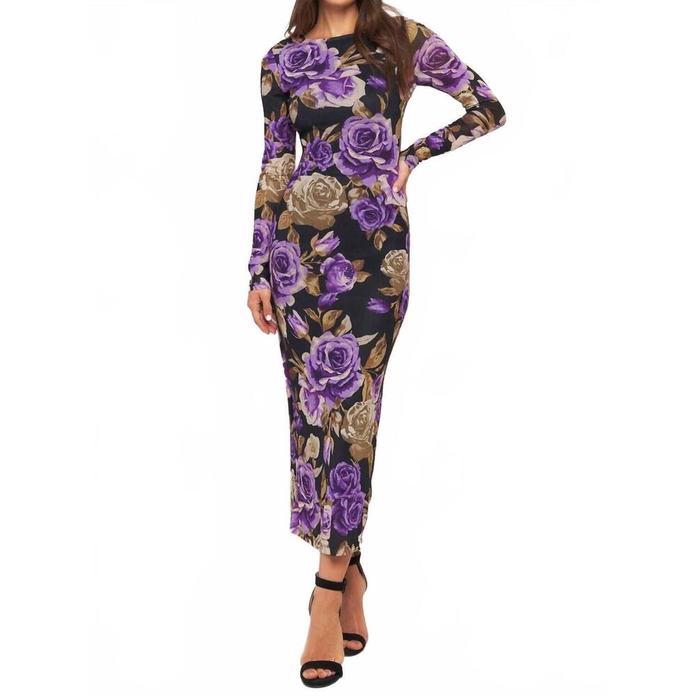 NEW FLYING TOMATO floral mesh midi dress in purple